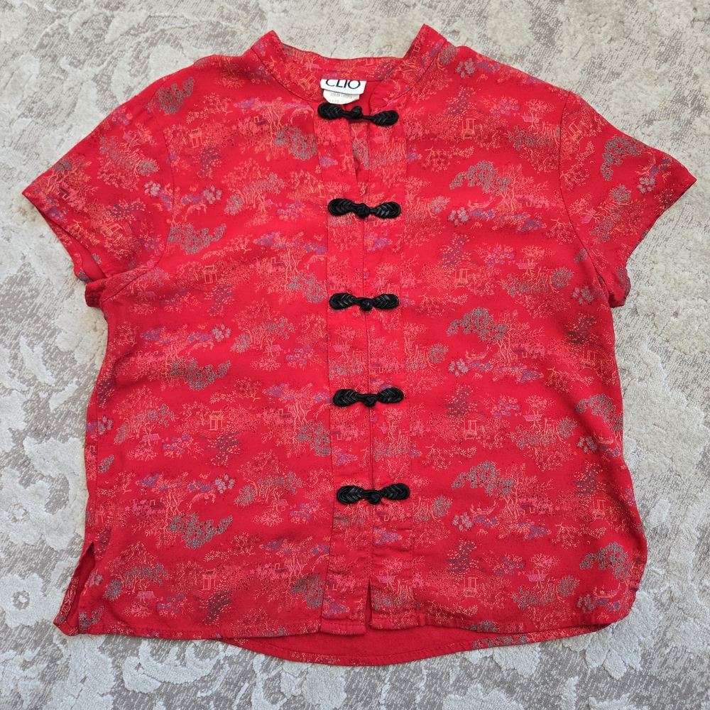 Clio Vintage 80s Red Rayon Top with Oriental Print - Picture 9 of 11